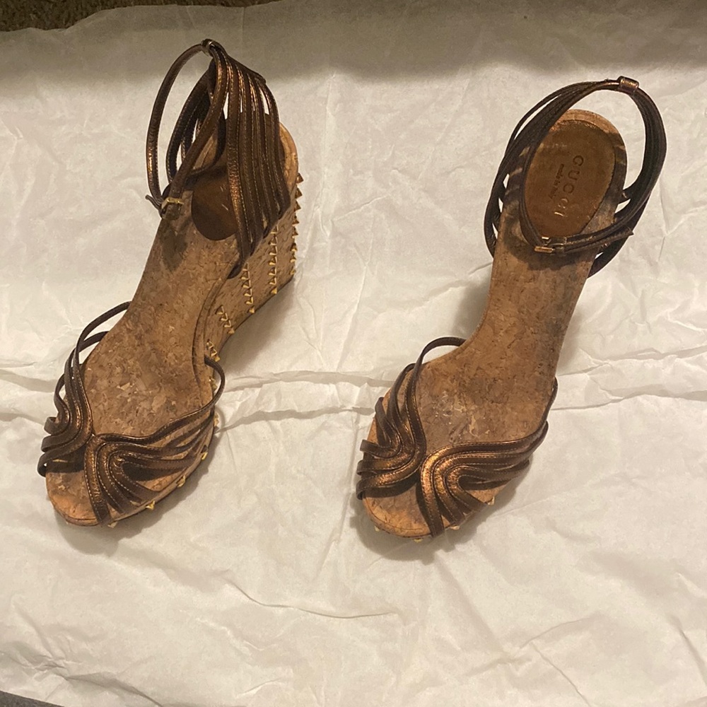 Size 40 Nappa Silk light bronze studded platform sandals